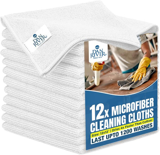 DAN RIVER 12-Pack White Microfiber Towels – Ultra Absorbent, Lint-Free & Streak-Free dust Cloths for Home, Car & Kitchen - Must-Have Cleaning Essentials - 12" x 12" - color: White, size: Microfiber 12 Pack