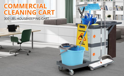 Commercial Janitorial Cart with Cabinet, 3-ply Multi-Purpose Engineered Plastic Housekeeping Cart with 30 Gallon Bag Hand Push Utility Cart, 200 lbs Load Capacity
