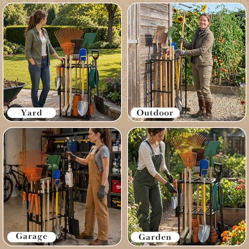 Faesun Garden Tool Organizer, 3-Tier Metal Yard Tool Rack with 14 Hooks & 5 Slots, Holds 50+ Rakes/Shovels/Brooms, Heavy Duty Freestanding Lawn Tool Storage for Garage Shed Outdoor Organization - size: Stand