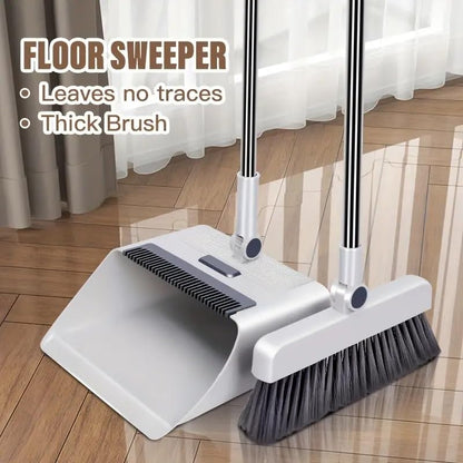 Broom with Dustpan Combo Set, 3 in 1 for Sweeping Indoor and Push Broom Outdoor with Dust Pan, 14.2 to 48.8 inch Adjustable Long Handle Broom and Dustpan Set (White)
