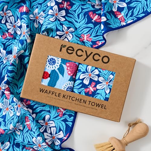 RECYCO Waffle Kitchen Towel Set of 2 - Quick Dry Microfiber Sustainable Dish Towels - Absorbent Reusable Cleaning Tea Towels - Lightweight Hand Towels,16”x 28”, Cloud Blue - color: Cloud Blue