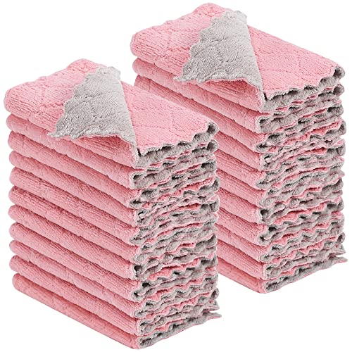 Rachan 22 Pack Kitchen Dish Cloths, Reusable Dish Towels, Nonstick Oil Washable Fast Drying, Super Absorbent Coral Velvet Cleaning Cloths for Cleaning Tableware, Kitchen, Bathroom (Pink-grey-10 x 6") - color: Pink-grey22