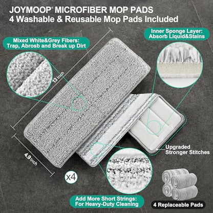 JOYMOOP Flat Mop System, Microfiber Mop and Bucket Set, White, Hands-Free Floor Cleaning System with Wringer, Wet and Dry Use, 60" Handle, Includes 4 Reusable Pads - size: Middle Bucket #13 + 60" Flat Mop + 4 Pads