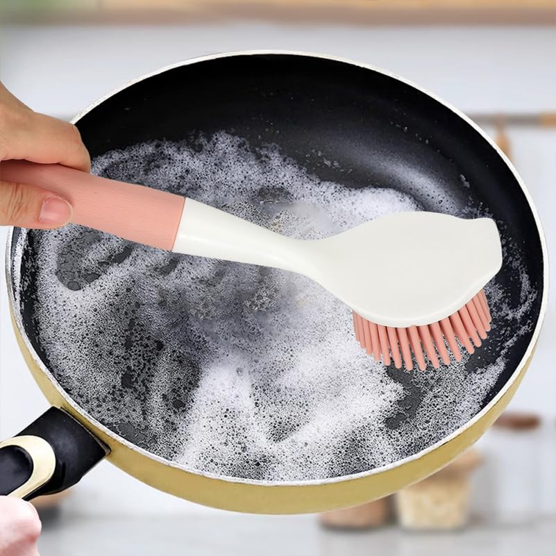 Didiseaon Silicone Pot Brush 2Pcs Set with Long Handle for Non-Stick Cookware Cleaning Grease and Grime Removal, Comfortable Grip for Home Kitchen Use