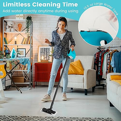 Goplus Handheld Steam Cleaner, 1400W Pressurized Steam Cleaner w/Continuous Steam w/Unlimited Use Time, 13.5 OZ Water Tank, Child Lock & 14-Piece Accessory Kit, Portable Chemical-Free Steamer Mop - color: Blue