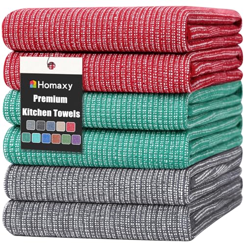 Homaxy Premium Kitchen Towels(18”x 28”, 6 Pack), Large Cotton Kitchen Hand Towels, Flat and Terry Dish Towels, 380 GSM Highly Absorbent Tea Towel Set with Hanging Loop, Grey/Red/Green - color: Grey/Red/Green, style: 6-pack