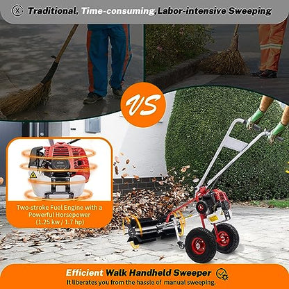 Bepritm Gas Power Broom 43cc 1.7 HP, 2-Stroke Walk Behind Hand Snow Sweeper, Gas Power Lawn Sweeper Broom for Artificial Turf Grass Gravel, Snow Cleaning, Road, Heavy Duty