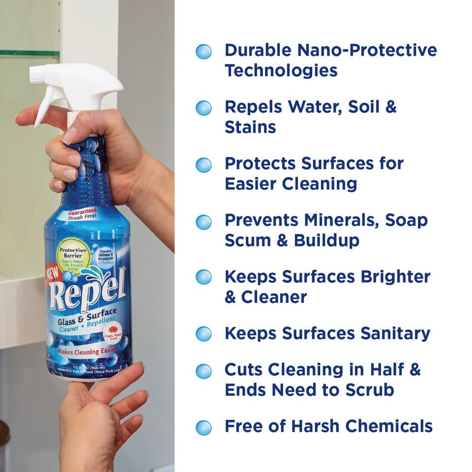 Clean-X REPEL Glass & Surface Cleaner 32 fl. oz. - Cleans & Repels water spots and dirt on glass, mirror, tile and multi surface by UNELKO (2) - color: 2