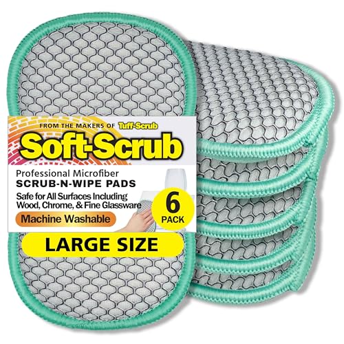 Soft-Scrub by Tuff-Scrub Scrub-N-Wipe Pad, Large, 6-Pack, Microfiber, Multi-Surface, Non-Scratch, Dual-Sided, Scrubber for Dishes, Sinks, Non-Stick Cookware, Machine Washable, Kitchen Sponge