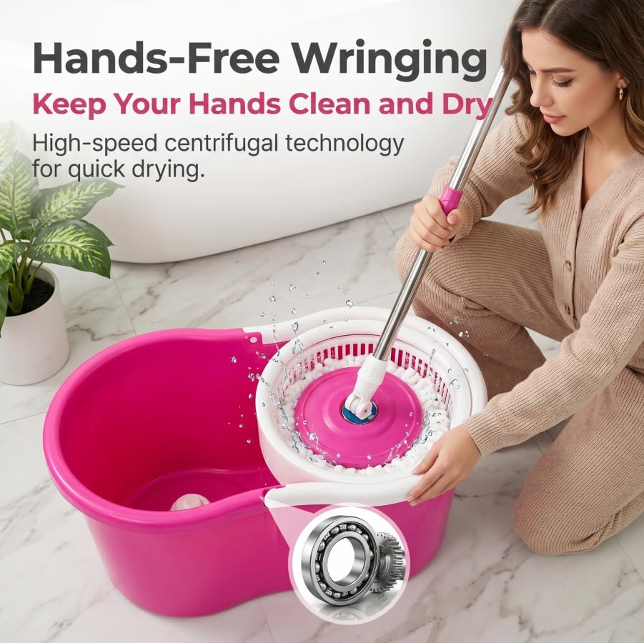Universal Spin Mop and Bucket Set, 360° Rotating Self-Wringing Floor Cleaner, Microfiber Mop Head, Hands-Free Wringing, Pink
