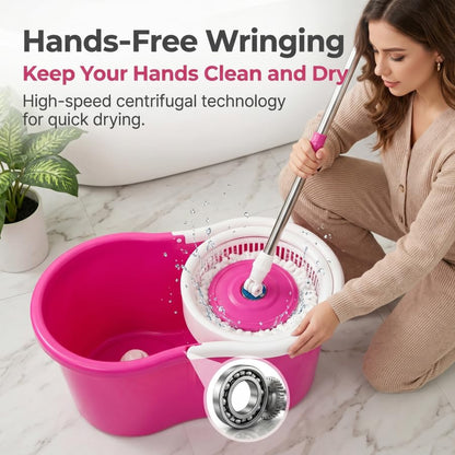 Universal Spin Mop and Bucket Set, 360° Rotating Self-Wringing Floor Cleaner, Microfiber Mop Head, Hands-Free Wringing, Pink