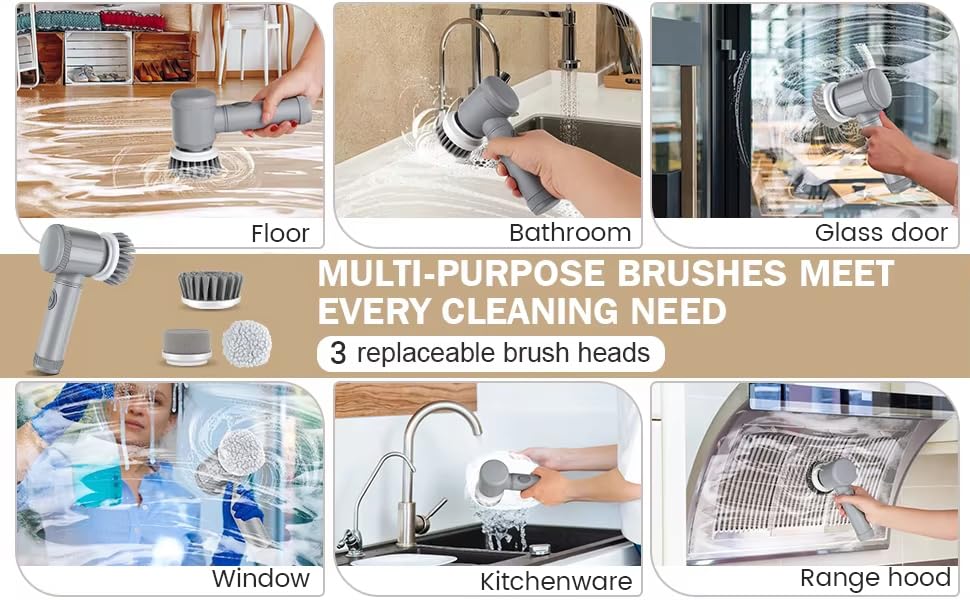 Electric Spin Scrubber, Cordless Bathroom Cleaning Brush IPX6 Waterproof with 6 Replaceable Heads, Power Scrubber for Bathtub, Tiles, Car Wash, Kitchen & Multi-Surface Home Cleaning