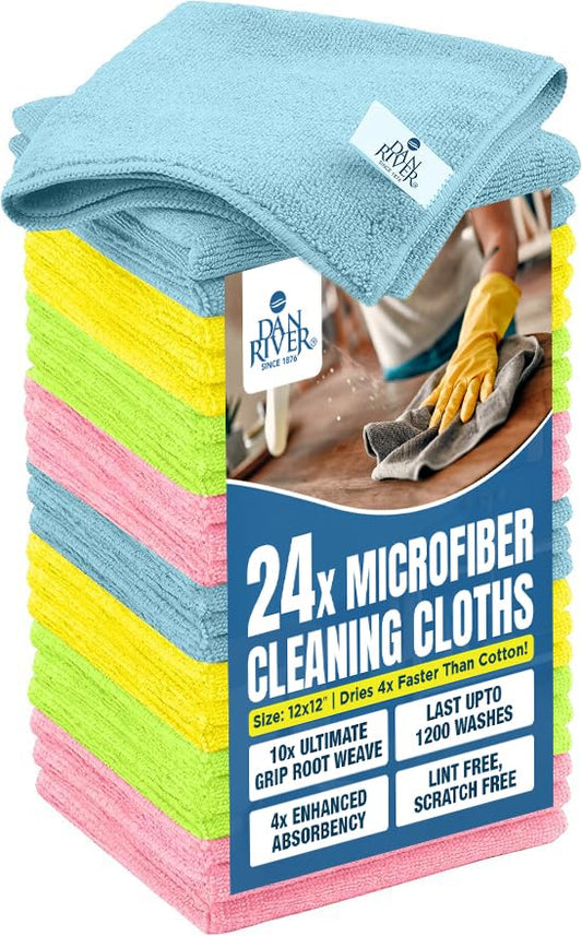DAN RIVER 24-Pack Microfiber Towels – Ultra Absorbent, Lint-Free & Streak-Free Rags for Cleaning House, Car & Kitchen - Must-Have Cleaning Essentials - 12" x 12" - Assorted - color: Assorted, size: Microfiber 24 Pack