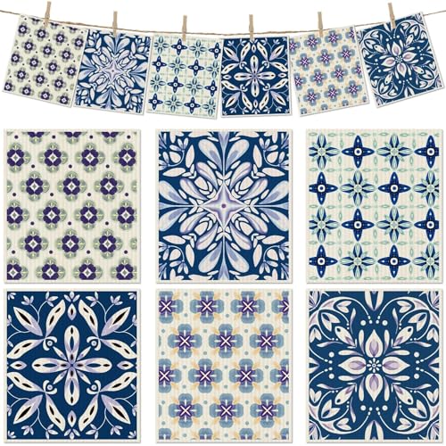 6 Packs Swedish Paper Cloths for Kitchen, Reusable Paper Towels Washable Dish Rags, Highly Absorbent Kitchen Towels Quick Drying Swedish Sponge Cleaning Dish Cloths (Blue Ornamentation) - color: Blue Ornamentation