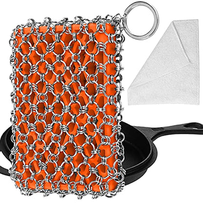 Most Flexible Cast Iron Scrubber, 316L Cast Iron Cleaner Chainmail Scrubber, Chain Scrubber for Cast Iron Pans, Pots, Skillets, Chain Mail Scrubbing Pad Scrub for Cast-Iron, Cast Iron Cleaning - color: Orange