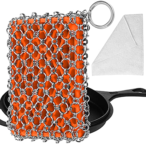 Most Flexible Cast Iron Scrubber, 316L Cast Iron Cleaner Chainmail Scrubber, Chain Scrubber for Cast Iron Pans, Pots, Skillets, Chain Mail Scrubbing Pad Scrub for Cast-Iron, Cast Iron Cleaning - color: Orange