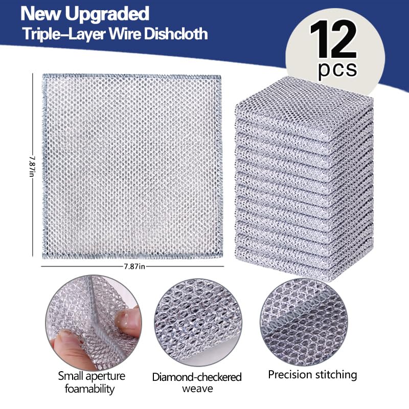 12pcs Scratch-Free Steel Dishcloths. Reusable, Quick-Dry, Odorless. Perfect for Dishes, Sinks, cookware. 7.87"x7.87". (12, Light Gray, Large) (12pcs[Three-Layer Silver ], 7.87×7.87inch) - color: 12pcs[three-layer Silver ]