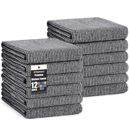 Homaxy Premium Kitchen Towels(18”x 28”, 12 Pack), Large Cotton Kitchen Hand Towels, Flat and Terry Dish Towels, 380 GSM Highly Absorbent Tea Towel Set with Hanging Loop, Black - color: Black, style: 12-pack