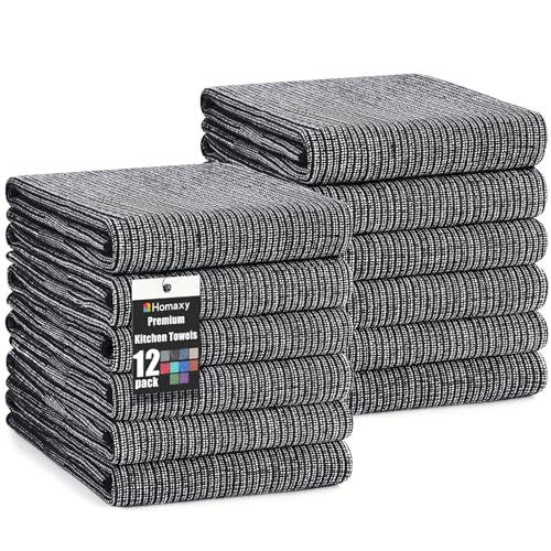 Homaxy Premium Kitchen Towels(18”x 28”, 12 Pack), Large Cotton Kitchen Hand Towels, Flat and Terry Dish Towels, 380 GSM Highly Absorbent Tea Towel Set with Hanging Loop, Black - color: Black, style: 12-pack