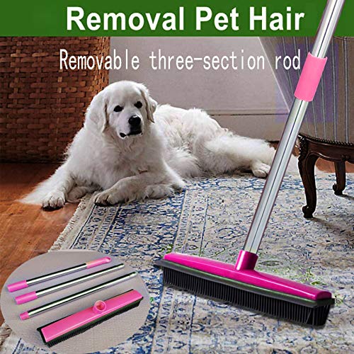 Pet Hair Removal Rubber Broom with Squeegee, Fur Remover Broom with Telescoping Long Handle for Carpet, Hardwood Floor, Tile, 12.6in (Pink) - color: Pink