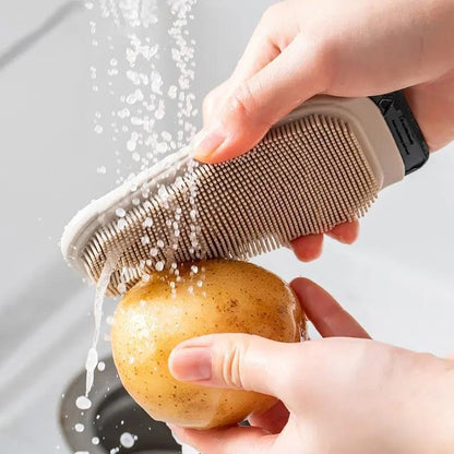 Silicone Dish Scrubber, Vegetable Brush, 2-in-1 Scrubber and Scraper for Fruits, Vegetables and Kitchenware with Dual-Sided Comb&Scraper,Hanging Hole for Easy Storage (Gray) - color: Gray
