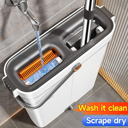 1 Set Flat Mop and Bucket System, Giving Microfiber Washable and Reusable Pads, Dry and Wet Mop for Floor Cleaning, Mop Bucket with Wringer, Suitable for Wooden Floors; Ceramic Tiles; Wall Cleaning