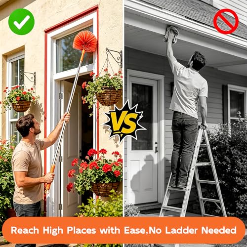 Cobweb Duster with Extension Pole, Upgraded Heavy Duty Thickened Stainless Steel Telescopic Handle for High Ceilings & Ceiling Fans, 90" Total Reach (15.7" Compact), Medium Stiff Bristles (Orange) - color: Orange