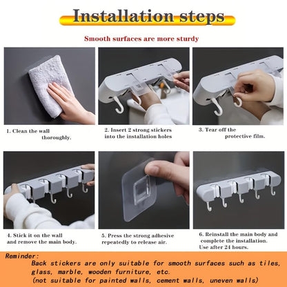 Multi-Functional Mop Broom Holder - No-Drill Wall-Mounted Rack with Strong Adhesive & Elastic Silicone Clips& Hooks for Bathroom/Kitchen