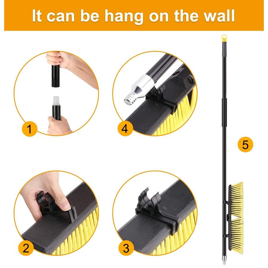 18 Inches Push Broom Outdoor Handle Stiff Bristles Heavy Duty Broom with 61 Long Handle for Cleaning Bathroom Kitchen Deck Driveway Garage Yard TilePatio Concrete Floor Cleaning