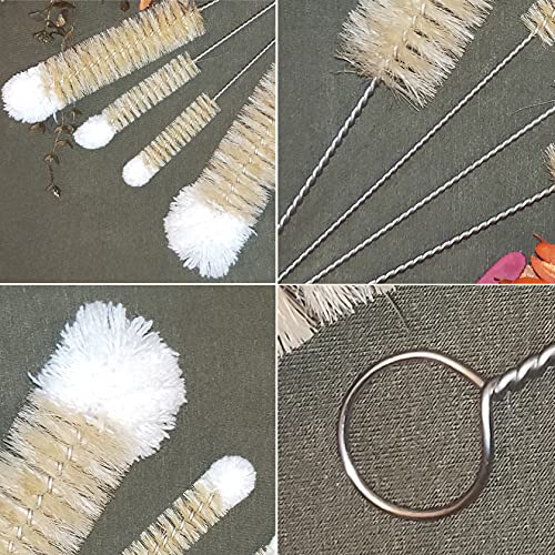 NewFerU Stainless Steel Soda Bottle Cleaning Brush Set in Natural Boar Bristle Wool Tip Long Handle, Flexible Bendable Thick Wire Cleaner for Narrow Neck Water Baby Bottles Straw Pipe Tube Flask (4)