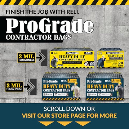 Reli. Contractor Garbage Bags 55 Gallon | 20 Trash Bags | Heavy Duty | Clear Contractor