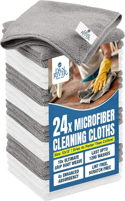 DAN RIVER 24-Pack Microfiber Towels – Ultra Absorbent, lint Free Cloth & Streak-Free for Home, Car & Kitchen - Must-Have Cleaning Essentials - 12" x 12" - Gray White - color: Gray White, size: Microfiber 24 Pack