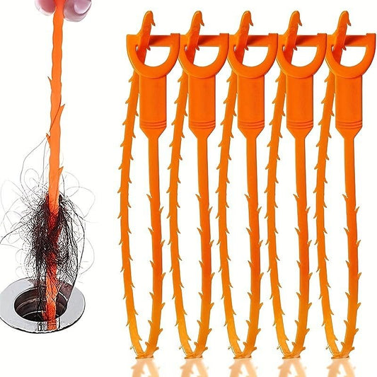 5Pcs Drain Snake, 20In Flexible Durable Sink Snake Auger Cleaner Tool with Barbed Teeth for Kitchen Bathroom Shower Tub Toilet Sewer, Clog Hair Remover Tool, Easy to Use Drain Opener, Orange
