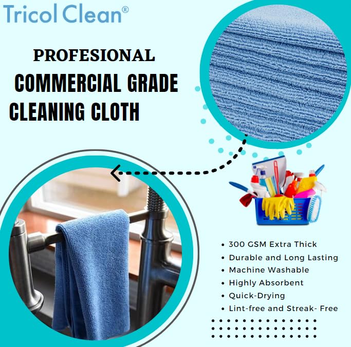 Dri Professional Extra-Thick Microfiber Cleaning Cloth 36 Pack Blue (16IN x 16IN, 300GSM, Commercial Grade All-Purpose Microfiber Highly Absorbent, LINT-Free, Streak-Free Cleaning Towels)