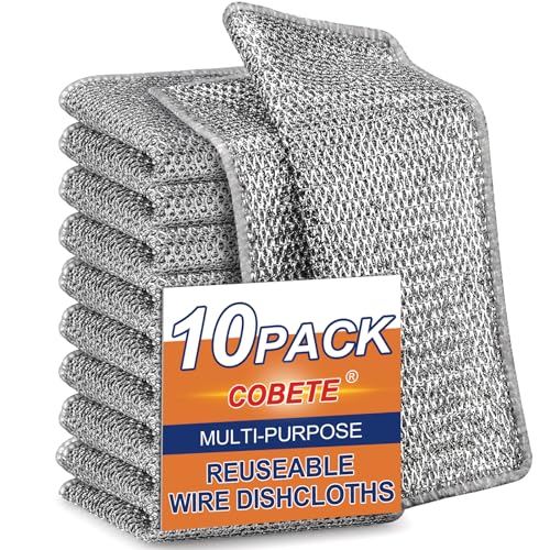 COBETE Non Scratch Wire Dishcloth,Double-Layer Wire Dishwashing Rags for Wet and Dry,Wire Miracle Cleaning Towels and Dish Cloths Multipurpose for Washing Dishes,Cookware, Sinks,Stove Tops,Pack of 10 - color: Silver (10 Pack)