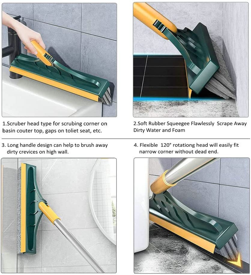 2 in 1 Cleaning Scrub Brush Grout Brush Scrapee 3 Poles 47.6'' Floor Scrub Brush with Long Handle V-Shape Stiff Bristle Brush Scrubber with Squeegee 120°Rotate Shower Scruber for Bathroom Glass - color: 3poles Green