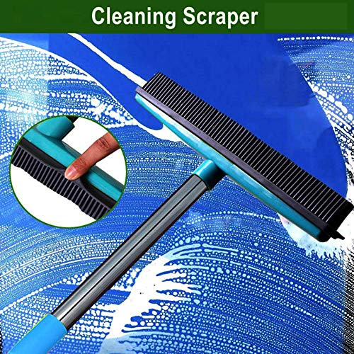 Telescopic Rubber Broom with Squeegee, Multifunction Adjustable Pet Hair Removal Carpet Rake for Fluff Rug Hardwood Floor (Blue) - color: Blue