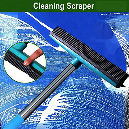 Telescopic Rubber Broom with Squeegee, Multifunction Adjustable Pet Hair Removal Carpet Rake for Fluff Rug Hardwood Floor (Blue) - color: Blue