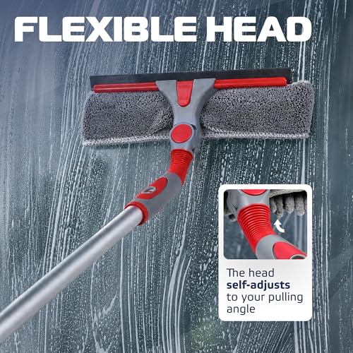 DSV Standard 2-in-1 Window Cleaning Squeegee Kit with 60’’ Extension Pole, Rotatable Bendable Head, Microfiber & Chenille Pads, Window Cleaner Tool for Indoor/Outdoor, High Windows, Shower and Car