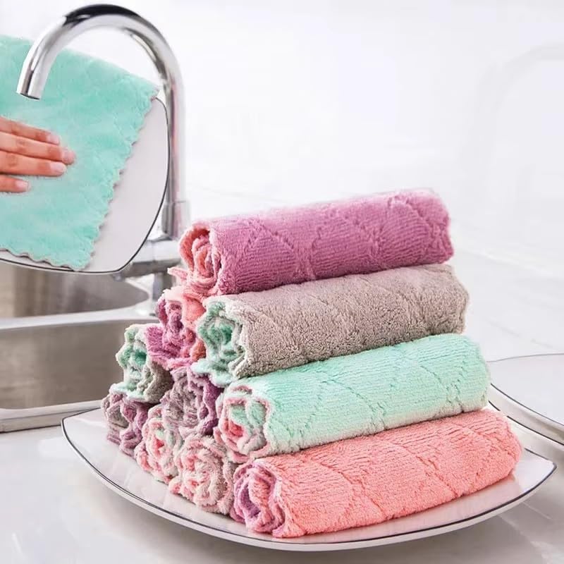 4PCS Double-Layer Microfiber Absorbent Cleaning Cloths Coral Fleece Dishcloths Scouring Rags Reusable Washable Kitchen Towel,Green Grey
