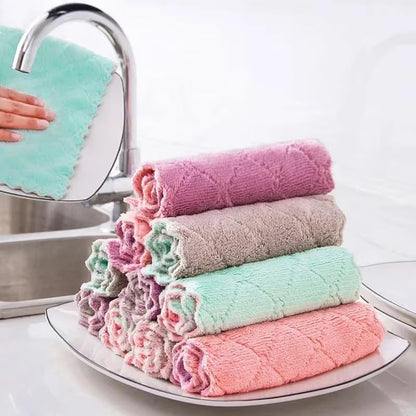 4PCS Double-Layer Microfiber Absorbent Cleaning Cloths Coral Fleece Dishcloths Scouring Rags Reusable Washable Kitchen Towel,Green Grey