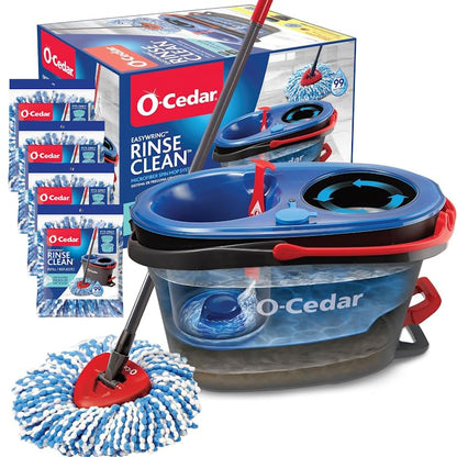 O-Cedar RinseClean Microfiber Spin Mop & Bucket Floor Cleaning System with 4 Extra Mop Head Replacements - size: RC + 4 RC Refills