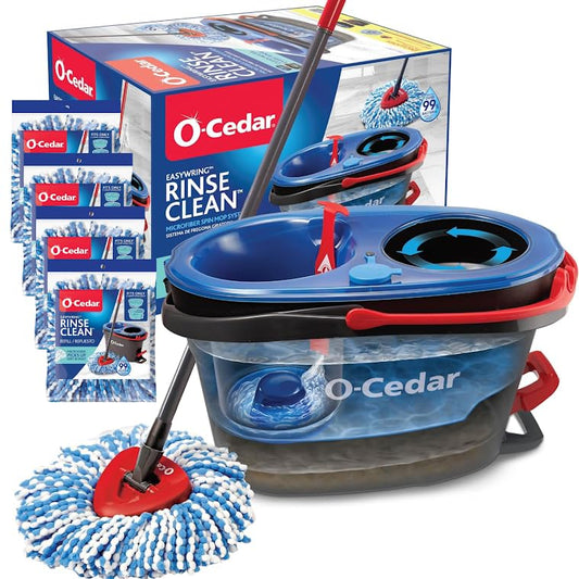 O-Cedar RinseClean Microfiber Spin Mop & Bucket Floor Cleaning System with 4 Extra Mop Head Replacements - size: RC + 4 RC Refills