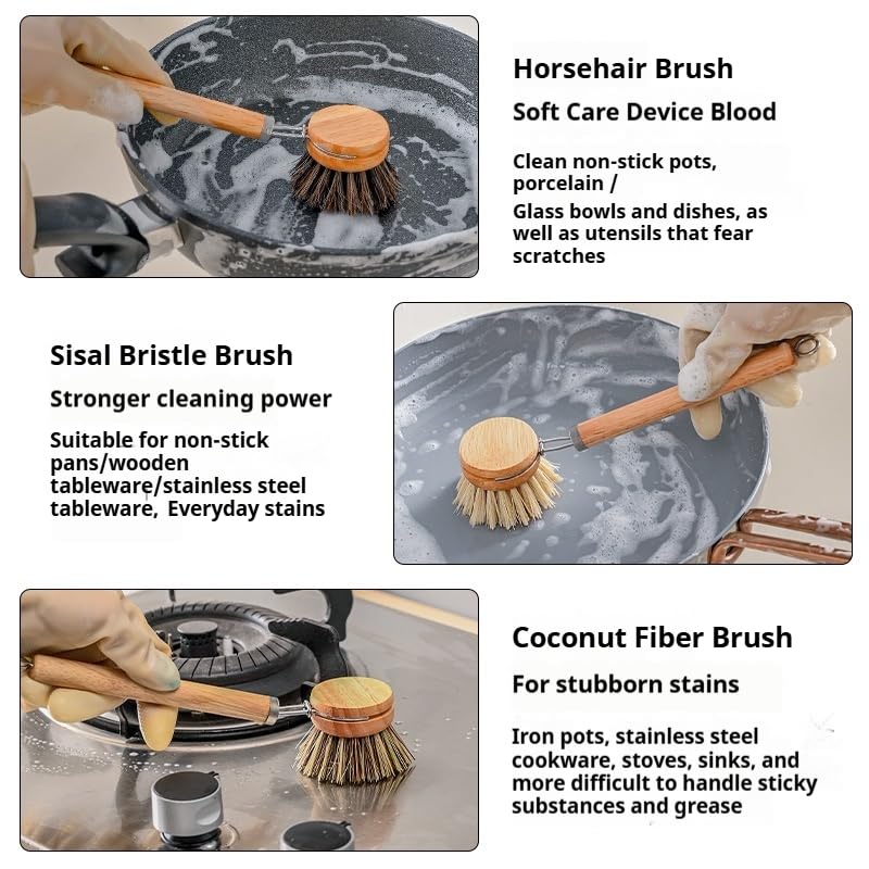 Bamboo Dish Brush - Kitchen Scrub Brushes with 3 Replacement Heads | Natural Bristle | Sisal | Horse Hair - Pot Brush with Wooden Handle for Cleaning Grills, Pans, Stoves