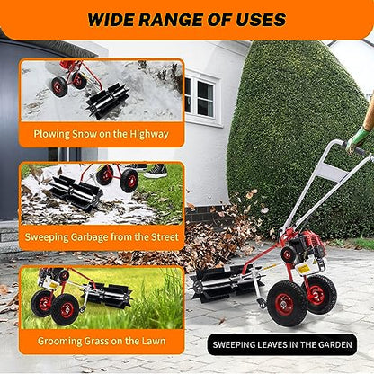 Bepritm Gas Power Broom 43cc 1.7 HP, 2-Stroke Walk Behind Hand Snow Sweeper, Gas Power Lawn Sweeper Broom for Artificial Turf Grass Gravel, Snow Cleaning, Road, Heavy Duty