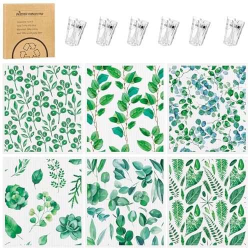 Needbrock 6 Pack Swedish Dishcloths for Kitchen, Swedish Rags Absorbent Green Leaf Dish Cloths with Adhesive Clips, Reusable Paper Towels No Odor for Countertop Dishes Cleaning - color: Green Leaf Pattern