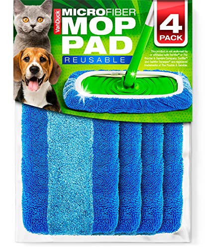 VanDuck Reusable Microfiber Mop Pads for Swiffer Sweeper (4-Pack), Blue | Handle not included, machine washable wet & dry mopping cloths, mop head replacement floor cleaning - color: Blue, size: 4 Count (Pack of 1)