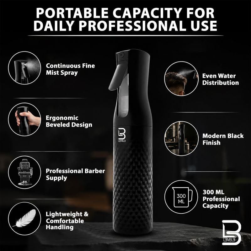 L3 Beveled Spray Bottle - Continuous Spray with a Fine Mist Pattern - Barber and Hair Stylist Supplies - Less Hand Fatigue Compared to Standard Bottles - Level Three Barber Spray - 300 ml (Black) - color: Black