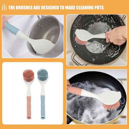 2 PCS Silicone Dishwashing Brush, Non-Stick Pot Scrubber with Long Handle, Durable Scrub Brushes for Cleaning Dishes, Cast Iron Pans, Sinks and Kitchen Cookware, Heat Resistant Cleaning Tool