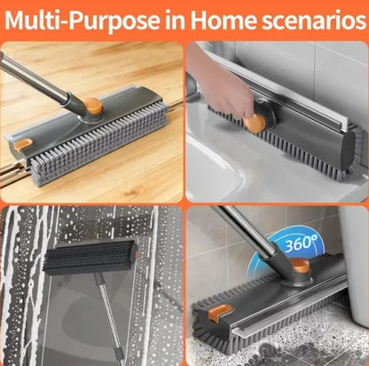 4-in-1 Floor Scrub Brush with Squeegee, Adjustable Long Handle 28 to 52 Inches, 90° Rotating Head, Stiff Bristles, for Tile, Concrete, Shower, Deck, Grey
